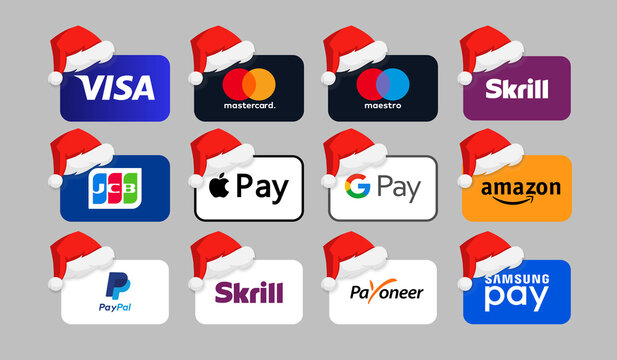 Popular payment system collection. Visa Payoneer, Amazon pay, PayPal Apple pay. New Year holiday. Zaporizhzhia, Ukraine - November 30, 2021
