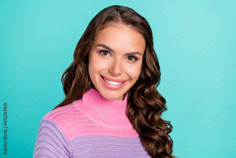 Sticker Photo of friendly brunette millennial lady wear violet sweater isolated on teal color background