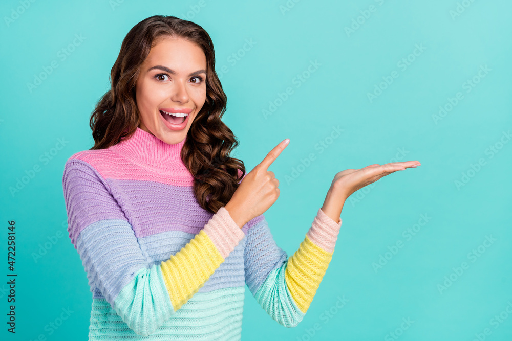 Sticker Photo of hooray brunette millennial lady index item on arm wear violet sweater isolated on teal color background