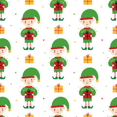 Christmas elf character in green costume and gift boxes, presents vector seamless pattern background.