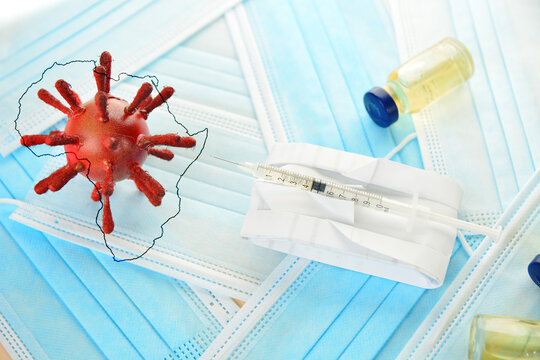 new variant  virus body from africa  and syringe with vaccine ampoule, concept of mass vaccination of the population against covid 19 Pro-Vaccine vs Anti-Vaccine problem