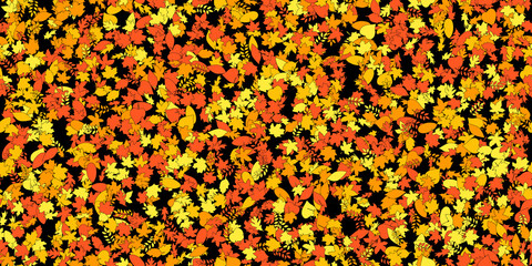 Vector background with red, orange and yellow falling autumn leaves. Abstract seamless pattern from different leafs. Many small leaves. Vector illustration on black background