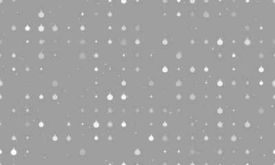 Seamless background pattern of evenly spaced white Christmas tree toys of different sizes and opacity. Vector illustration on gray background with stars