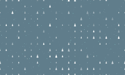 Seamless background pattern of evenly spaced white Christmas trees of different sizes and opacity. Vector illustration on blue gray background with stars