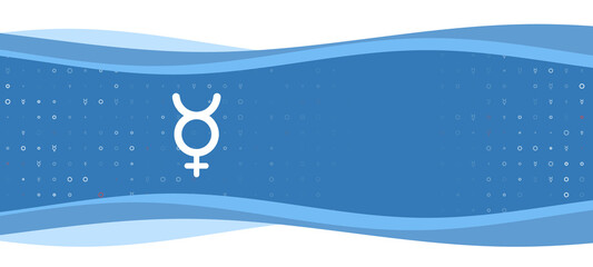 Obraz na płótnie Canvas Blue wavy banner with a white astrological mercury symbol on the left. On the background there are small white shapes, some are highlighted in red. There is an empty space for text on the right side
