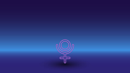Neon astrological pluto symbol on a gradient blue background. The isolated symbol is located in the bottom center. Gradient blue with light blue skyline