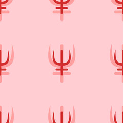 Seamless pattern of large isolated red astrological neptune symbols. The elements are evenly spaced. Vector illustration on light red background