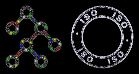 Glossy polygonal mesh net binary structure icon with glow effect on a black background, and ISO scratched seal. Illuminated vector model created from binary structure symbol,