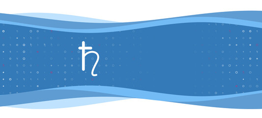 Blue wavy banner with a white astrological saturn symbol on the left. On the background there are small white shapes, some are highlighted in red. There is an empty space for text on the right side