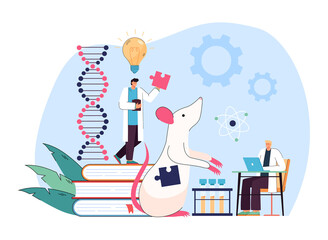 Genetic laboratory research and experiment of tiny scientists. People testing dna modifications, holding puzzle in hands flat vector illustration. Biotechnology, genetically modified animals concept