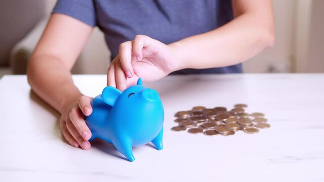 Hands Of A Woman Putting Money Coin Into Blue Piggy Bank With Blank Metaphor Separate Kind Of Money For Spend And Saving.