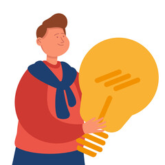 Happy creative business person holding big lightbulb. Young male cartoon character searching for ideas flat vector illustration. Brainstorm, electricity, creativity concept for banner, website design