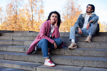 young happy students teenagers at university building on stairs, lifestyle people concept boy and girl