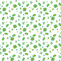 Seamless watercolor pattern with green flowers and leaves on a white background. Ornamental plants