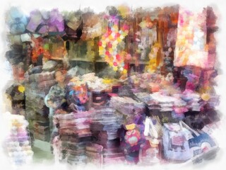 Bangkok landscape in a clothing store watercolor style illustration impressionist painting.