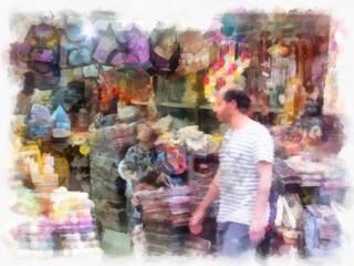 Bangkok landscape in the clothing market watercolor style illustration impressionist painting.