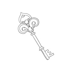 Vector linear illustration with a key in cartoon style. Black and white key icon