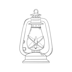 Vector linear illustration with lamp in cartoon style. Black and white flashlight icon. Lantern