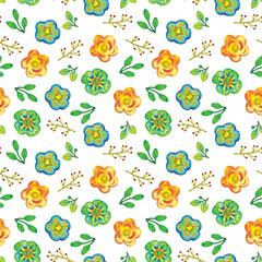 Seamless pattern with bright watercolor flowers. Botanical illustration with flowers, branches and leaves