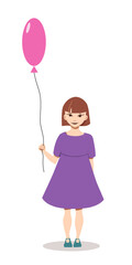 Little pretty girl holds pink helium balloon in birthday in flat vector