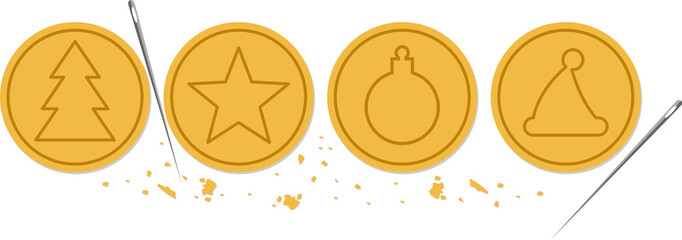 Cookies featuring a Christmas tree, star, ball and Santa hat.Sign, symbol, icon or logo.Cartoon vector illustration on transparent background