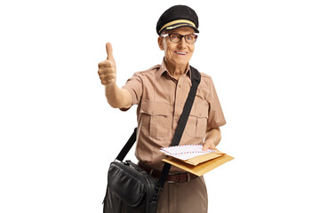 Mature mailman with a bag and letters showing thumbs up