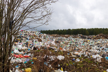 Verkhnie-Sergi, Russia - May 02, 2021. garbage dump problems in the forest. pollution of the forest...
