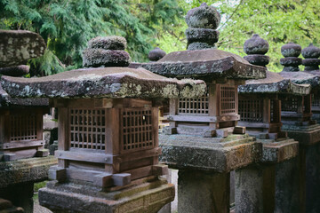 Traditional Stone Lanterns at a Temple in Kyoto, Japan