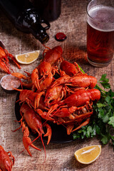 boiled crayfish with beer on a wooden background