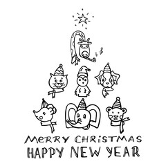 Set of isolated animals arranged in the shape of a Christmas tree with the inscription Christmas and New Year. Portraits tiger, giraffe, dog, cat, mouse, penguin, bear, dog in caps with a luminous
