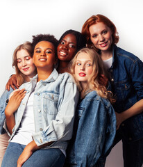 Fototapeta premium diverse multi nation girls group, teenage friends company cheerful having fun, happy smiling, cute posing isolated on white background, lifestyle people concept, african-american and caucasian