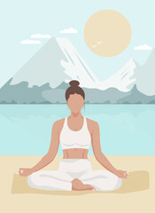 Fototapeta na wymiar Faceless style girl .The girl is engaged in yoga in nature. Conceptual illustration for yoga class promotion banner or poster or social network promotion. Trendy pastel colored vector illustration.