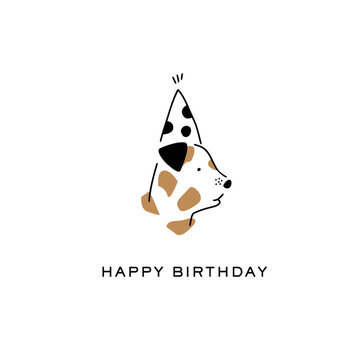 Illustration of dog wearing a party hat. Celebrational dog.  text | Happy Birthday | Perfect for Birthday and holiday card