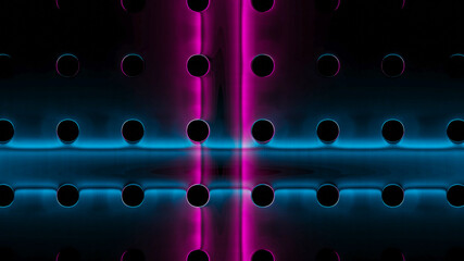 metal plate with round holes and purple and blue glowing lines. 3d render illustration