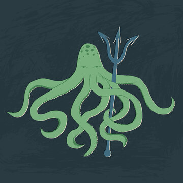 Phantasy monstrous octopus, king of the sea with a trident, magical underwater creature. Fairytale cartoon character.