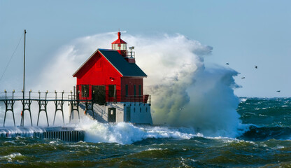 Grand Haven, Michigan lighthouse on Lake Michigan of the Great Lakes enduring gale force winds during an autumn storm. - obrazy, fototapety, plakaty