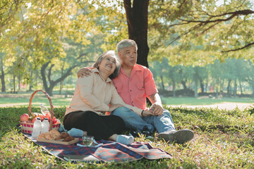 Asian elderly couple, attractive wife and husband, picnic and relaxing on the green lawn in garden, are smile and happy together, to relationship of retirement age and nature concept.