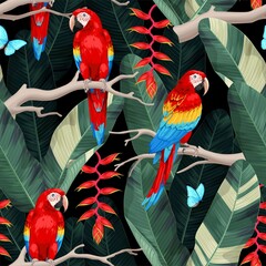 Vector seamless pattern with macaw and trees