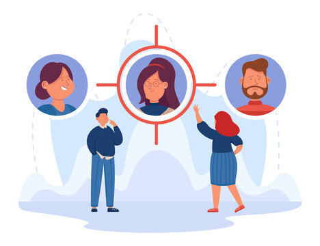 Company Managers Choosing Employee With Talent Among Candidates. Business People Finding New Customers Or Clients Flat Vector Illustration. Recruitment, HR Concept For Banner Or Landing Web Page