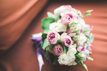 Beautiful wedding bouquet with different flowers, roses