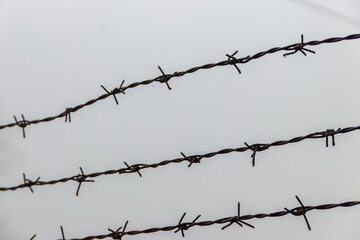 Close-up of the barbed wire fence in fog