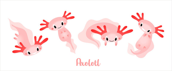 A set of cute cartoon axolotls, aquatic animals, amphibians. Cute characters with different emotions, vector illustration in a flat style.