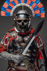 Screaming evil zombie centurion with sword isolated on gray