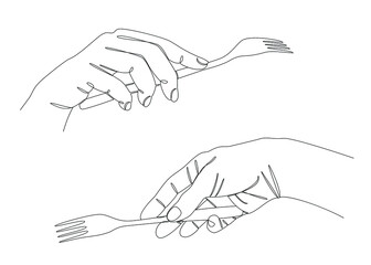 Obraz premium Collection. Silhouettes of a man's hand holding a fork in a modern one line style. Continuous line drawing, aesthetic outline for decor, posters, wall art, stickers, logo. Vector illustration set.
