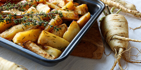 Baked parsnip close-up view. Roasted root vegetable with thyme herb. - obrazy, fototapety, plakaty
