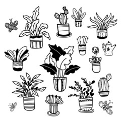 Big Set of hand drawn flower in pots illustrations, houseplants, cactus and butterflies in doodle style. Vector illustration. Isolated outline Hand drawn for design, decor, decoration and postcards
