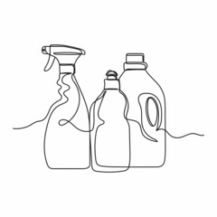 Obraz premium Vector abstract continuous one single simple line drawing icon of different cleaning products in silhouette sketch.