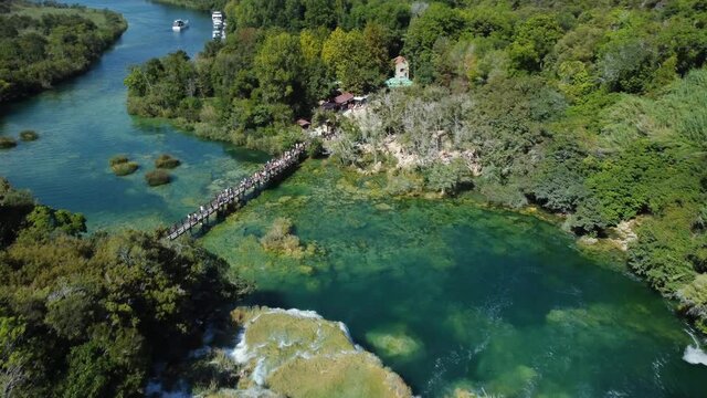 Aerial view of amazing Skradinski buk waterfall in Krka National Park, Croatia.