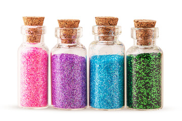 Color glitter for make-up and design in transparent jars. Jewelry for fashion and beauty.