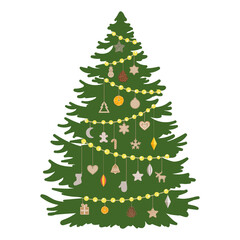 Christmas tree with wood, paper, textile toys, pine cones, dry orange. Ecological Christmas tree. Plastic free winter holidays. Hand drawn vector illustration